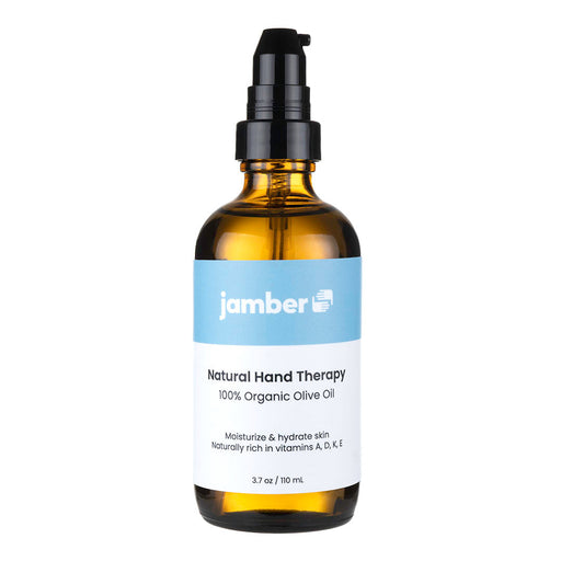 Jamber organic olive oil hand therapy is a massage olive oil that is really a hand care product.  This organic olive oil for face and olive oil for hands is conveniently packaged in a dark glass bottle with an easy-to-use pump so that you can massage your hands effortlessly.